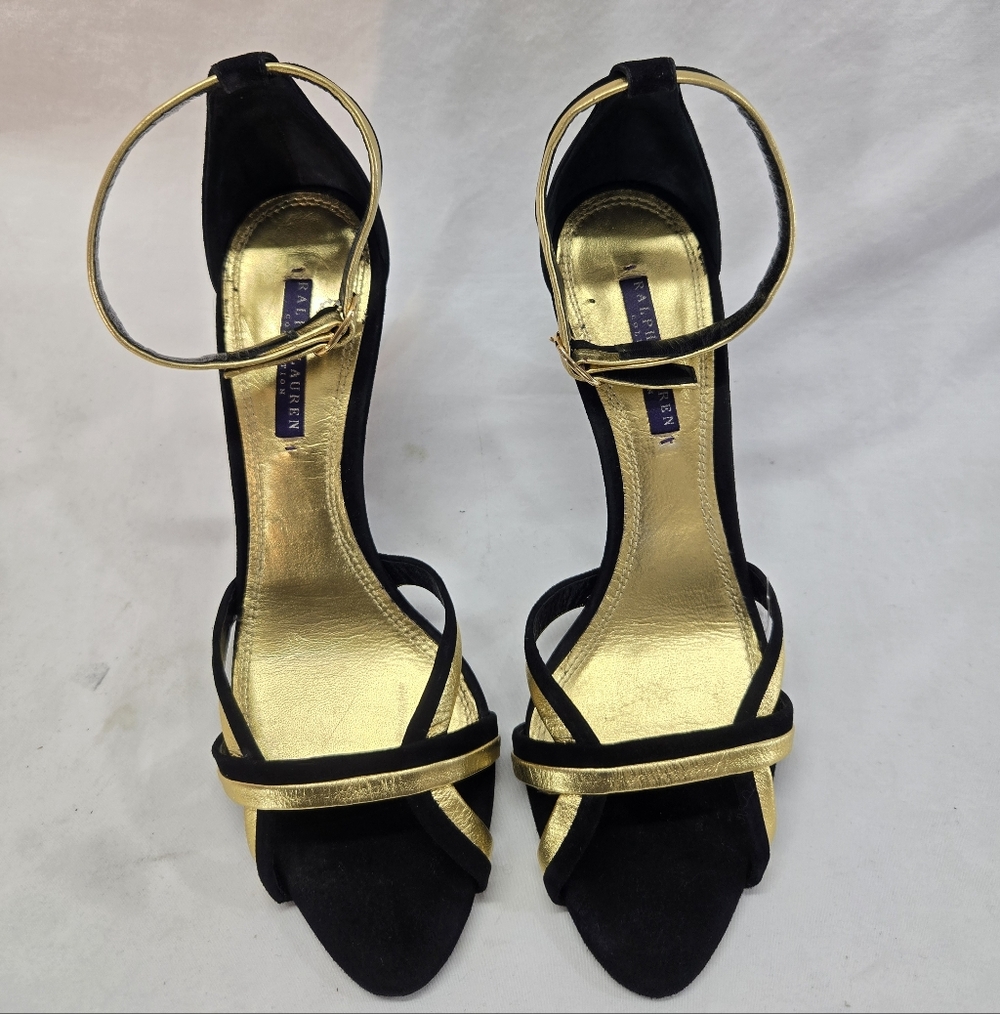 Ralph Lauren Collection Purple Label 10B Black Gold Leather Ankle Straps Heels - Picture 4 of 11